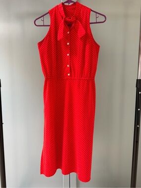 Vintage Sleeveless Red Polka Dot Tie-Neck Midi Dress